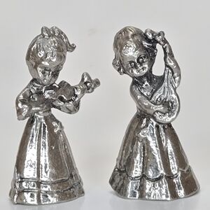 Vintage Pewter Musician Girl Figurines Violin Lute Pair Miniature 1.25”